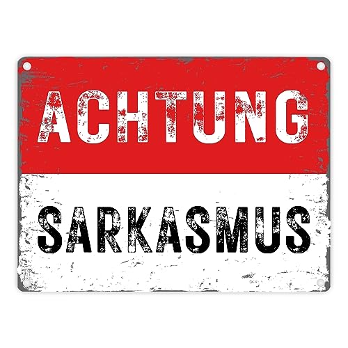 Achtung Sarkasmus Metallschild in 15x20 cm in rot-weiß im Used Look Perfekt für die Zyniker am Arbeitsplatz Sarkasmus Ironie Blechschild Dekoschild Retro Warnschild Vintage Büro von speecheese