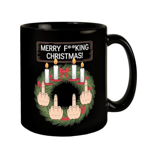 Adventskranz Merry F**king Christmas Tasse Schwarzer Kaffeebecher mit einzigartigem Design Kerzen und Mittelfinger für humorvolle Weihnachtsstimmung Adventskranz Merry F**king Christmas Tasse Schwarzer Kaffeebecher mit einzigartigem Design Kerzen und Mittelfinger für humorvolle Weihnachtsstimmung von speecheese