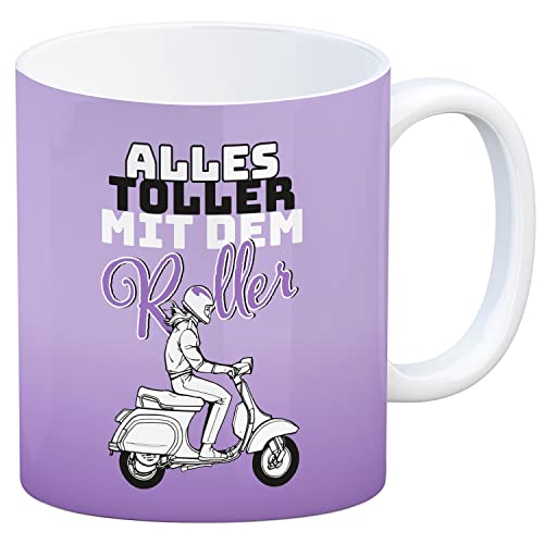Alles toller mit dem Roller Kaffeebecher in lila mit Rollerfahrerin schöne Kaffeetasse als Geschenk für Kaffeeliebhaber die Rollerfahren mögen von speecheese
