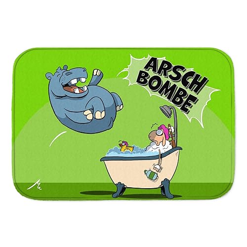 Arschbombe Badematte mit lustigem Comic-Nilpferd und Schaf in grün als lustiges Geschenk für Menschen die gerne EIN warmes Bad nehmen um Sich so richtig zu entspannen von speecheese
