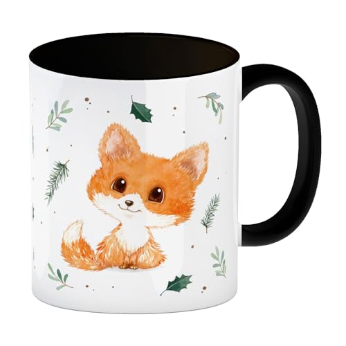 Baby Fuchs im Aquarellstil Kaffeebecher in schwarz eine bunte Tasse fürs Büro Kaffeebecher in schwarz Motiv für Frauen Geburtstag mit Natur Kaffeetasse Waldtier von speecheese