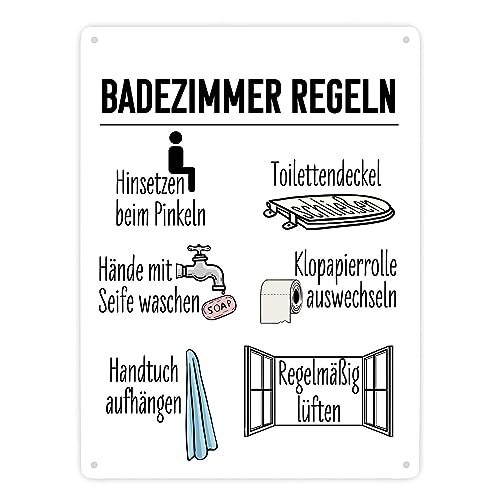 Badezimmer Regeln für ein hygienischeres Bad Metallschild XXL in 28x38 cm Blechschild für die Toilette mit den wichtigsten Regeln für das Klo für ein sauberes WC mit Grafiken von speecheese