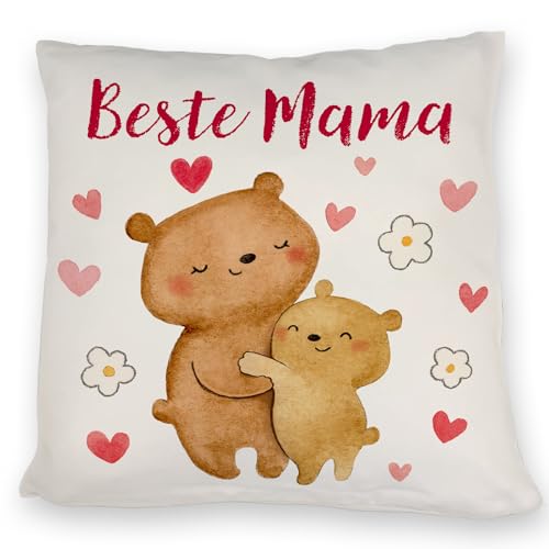 Bären Mutter und Kind Kissen mit Spruch Beste Mama Muttertagsgeschenk voller Liebe Herzen Umarmung - Tier Familie Ehre von speecheese