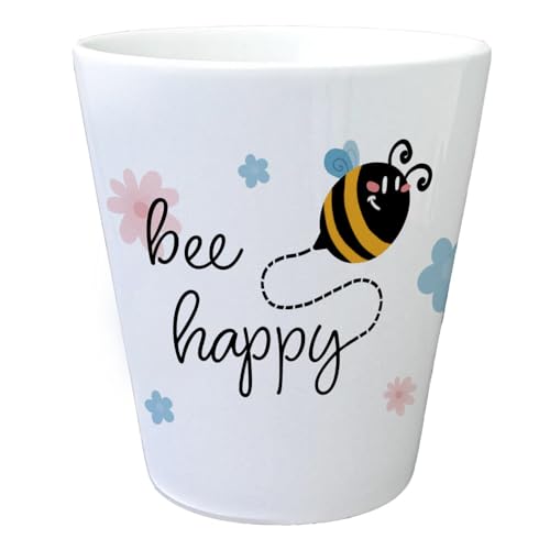 Bee Happy Blumentopf mit niedlicher Biene und Blumen EIN farbenfroher Pflanztopf für den Balkon Motiv Blumen Honigbiene Übertopf Frauen Geburtstag süßer Freude Glück von speecheese