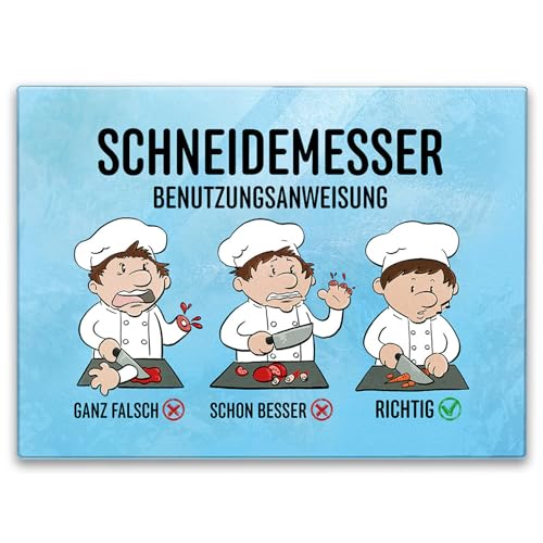 Benutzeranweisung Schneidebrett aus Glas in 39x28cm mit humorvoller Illustration ein buntes Kochbrett für deine Küche Geburtstag schneiden Schneidemesser Küchenbrett Messer Haltung von speecheese