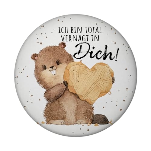 Biber Magnet rund rund mit Spruch Ich Bin total vernagt in Dich Liebe Partner Romantik Valentinsgeschenk Nagetier Liebesbote zum Valentinstag von speecheese