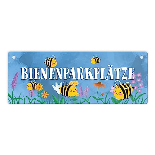 Bienenparkplätze Metallschild L in 10,5x28cm mit niedlichen Bienen als Dekoration für dein Blumenbeet im Garten oder deine Blumen auf der Terrasse oder dem Balkon Metallschild L in von speecheese