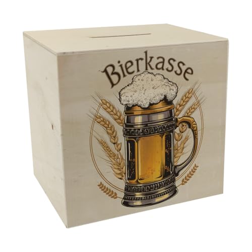 Bierkrug mit Schaumkrone Spardose aus Holz - BIERKASSE Bier Weizenähren Illustration Design Goldener Griff von speecheese