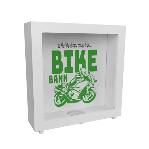 Bike Bank Rahmen Spardose aus Holz in grün zum Thema Motorradkauf und Motorrad Fahren schöne Sparbüchse Geschenk für Sparfüchse die Träume eines Bikers mögen oder Sich ihren von speecheese