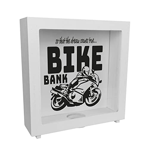 Bike Bank Rahmen Spardose aus Holz in schwarz zum Thema Motorradkauf und Motorrad Fahren schöne Sparbüchse Geschenk für Sparfüchse die Träume eines Bikers mögen oder Sich ihren von speecheese
