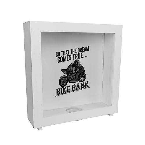 Bike Bank Rahmen Spardose aus Holz mit Spruch und Motorrad in schwarz So That The Dream Comes True Bike Bank EIN dekoratives Sparschwein zum Sparen auf EIN Moped Biker Sparbüchse von speecheese