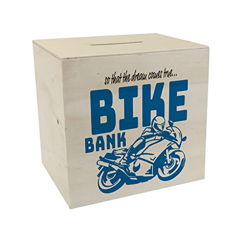 Bike Bank Spardose aus Holz in blau zum Thema Motorradkauf und Motorrad Fahren schöne Sparbüchse Geschenk für Sparfüchse die Träume eines Bikers mögen oder Sich ihren eigenen Traum von speecheese