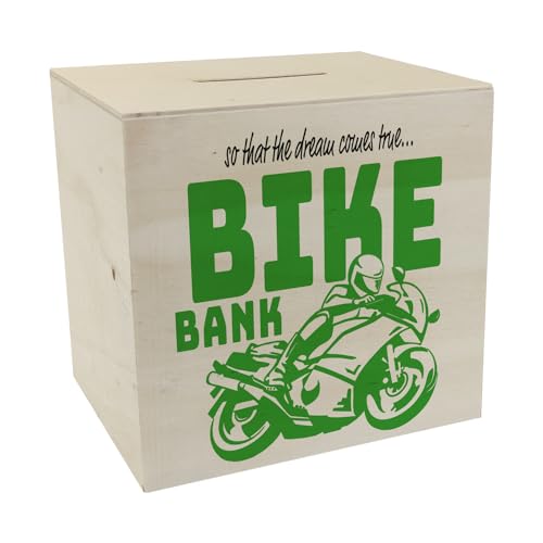 Bike Bank Spardose aus Holz in grün zum Thema Motorradkauf und Motorrad Fahren schöne Sparbüchse Geschenk für Sparfüchse die Träume eines Bikers mögen oder Sich ihren eigenen Traum von speecheese