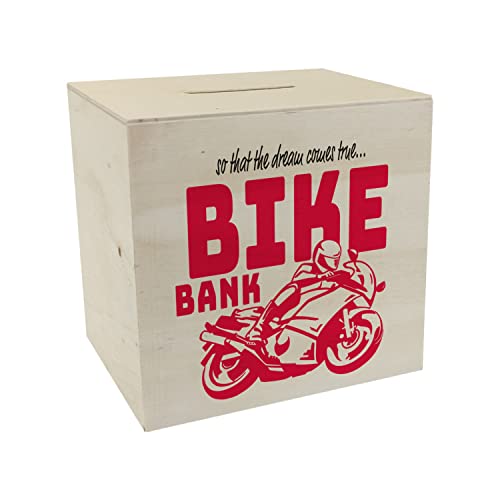 Bike Bank Spardose aus Holz in rot zum Thema Motorradkauf und Motorrad Fahren schöne Sparbüchse Geschenk für Sparfüchse die Träume eines Bikers mögen oder Sich ihren eigenen Traum von speecheese