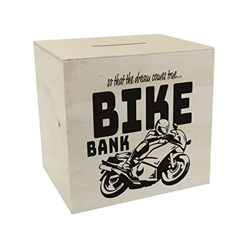 Bike Bank Spardose aus Holz in schwarz zum Thema Motorradkauf und Motorrad Fahren schöne Sparbüchse Geschenk für Sparfüchse die Träume eines Bikers mögen oder Sich ihren eigenen von speecheese
