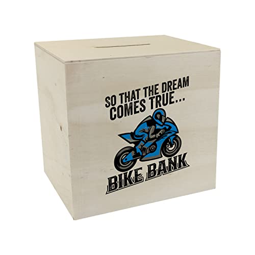 Bike Bank Spardose aus Holz mit Spruch und Motorrad in blau So That The Dream Comes True Bike Bank EIN dekoratives Sparschwein zum Sparen auf EIN Moped Biker Sparbüchse von speecheese