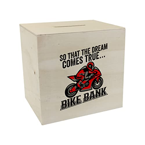 Bike Bank Spardose aus Holz mit Spruch und Motorrad in rot So That The Dream Comes True Bike Bank EIN dekoratives Sparschwein zum Sparen auf EIN Moped Biker Sparbüchse von speecheese