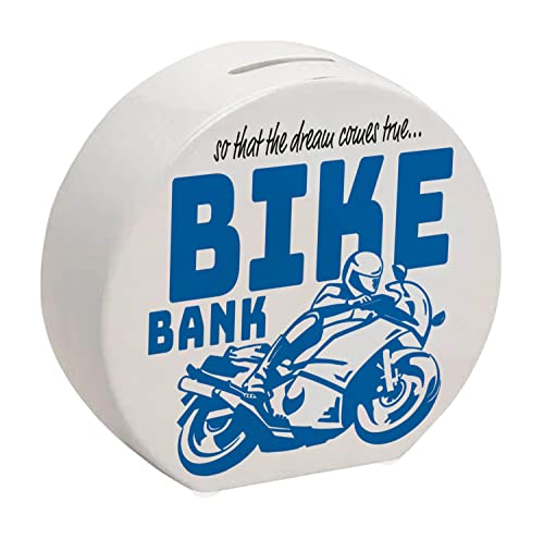 Bike Bank Spardose in blau zum Thema Motorradkauf und Motorrad Fahren schöne Sparbüchse Geschenk für Sparfüchse die Träume eines Bikers mögen oder Sich ihren eigenen Traum erfüllen von speecheese