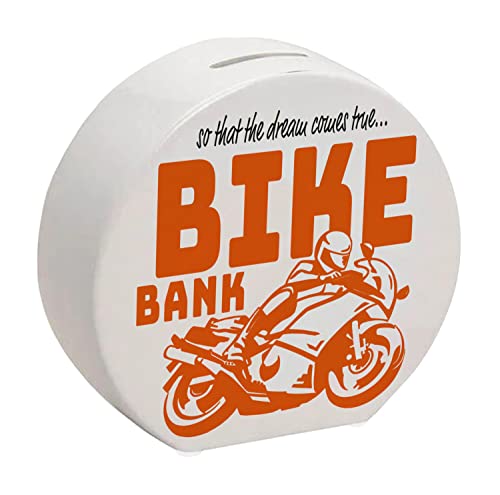 Bike Bank Spardose in orange zum Thema Motorradkauf und Motorrad Fahren schöne Sparbüchse Geschenk für Sparfüchse die Träume eines Bikers mögen oder Sich ihren eigenen Traum von speecheese