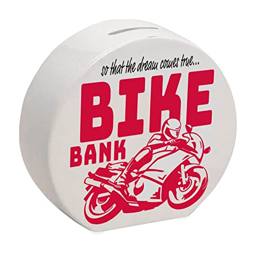 Bike Bank Spardose in rot zum Thema Motorradkauf und Motorrad Fahren schöne Sparbüchse Geschenk für Sparfüchse die Träume eines Bikers mögen oder Sich ihren eigenen Traum erfüllen von speecheese