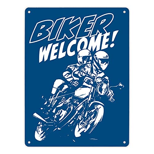 Biker Welcome Metallschild XL in 21x28 cm in Blau zum Thema Motorrad fahren und frei sein Schild Motorrad Aluschild Mofa Blechschild Moped Biker Welcome von speecheese