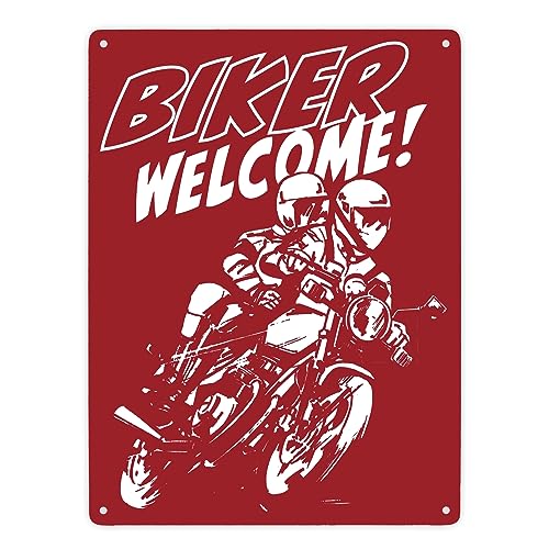 Biker Welcome Metallschild XXL in 28x38 cm in Rot zum Thema Motorrad fahren und frei sein Schild Motorrad Aluschild Mofa Blechschild Moped Biker Welcome von speecheese