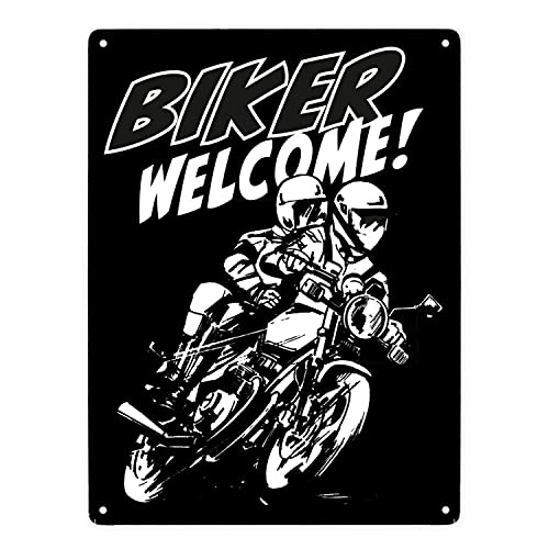 Biker Welcome Metallschild XXL in 28x38 cm in Schwarz zum Thema Motorrad fahren und frei sein Schild Motorrad Aluschild Mofa Blechschild Moped Biker Welcome von speecheese