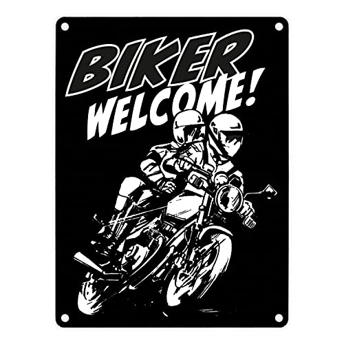 Biker Welcome Metallschild in 15x20 cm in Schwarz zum Thema Motorrad fahren und frei sein Schild Motorrad Aluschild Mofa Blechschild Moped Biker Welcome von speecheese