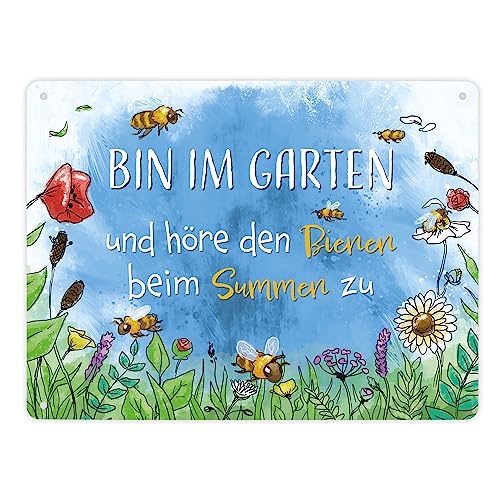 Bin im Garten Metallschild XL in 21x28 cm mit Blumenwiese und Bienen als Dekoration für den Garten oder den Gartenzaun im Frühling von speecheese