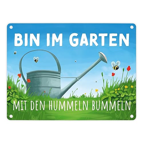 Bin im Garten mit den Hummeln bummeln Metallschild in 15x20 cm witziges Blechschild für den Garten damit Besucher immer wissen wo du bist um deine Liebe zur Natur zu zeigen von speecheese