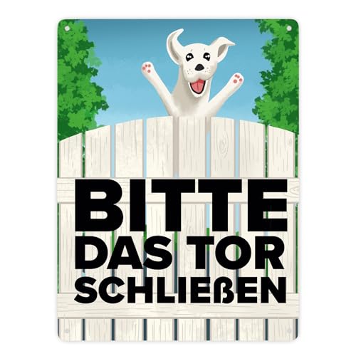 Bitte das Tor schließen Metallschild XXL in 28x38 cm mit lustigem weißem Hund witziges Blechschild für Hundehalter lustige Warnung das Tor soll geschlossen bleiben Gartentüre von speecheese