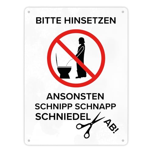 Bitte hinsetzen, ansonsten… Toilette Metallschild XL in 21x28 cm mit Filmfigur witziges Blechschild für die Toilette Hinsetzen sonst Schniedel ab Kloschild Dekoschild WC von speecheese
