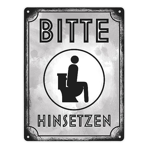 Bitte hinsetzen Metallschild XL in 21x28 cm für Badezimmer oder WC witziges Schild für die Toilette im Used Look um unnötige Verschmutzung zu verhindern für Restaurants Bars oder von speecheese