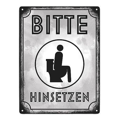 Bitte hinsetzen Metallschild XXL in 28x38 cm für Badezimmer oder WC witziges Schild für die Toilette im Used Look um unnötige Verschmutzung zu verhindern für Restaurants Bars oder von speecheese