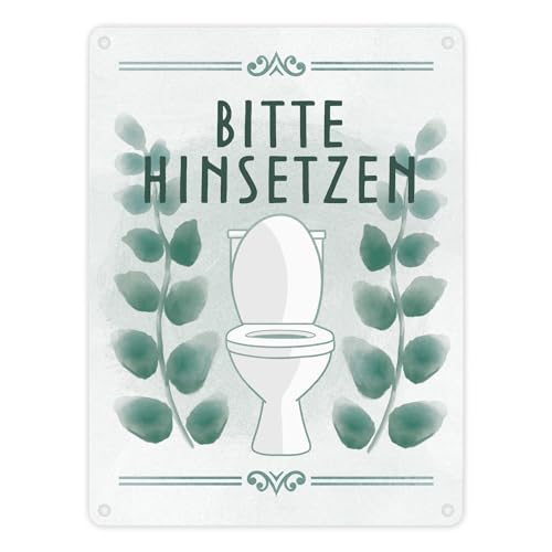 Bitte hinsetzen Toiletten Metallschild in 15x20 cm mit floralem Muster Blechschild für Klo Dekoration für das stille Örtchen Blätter Wasserfarben schön Schild Deko Badezimmer von speecheese