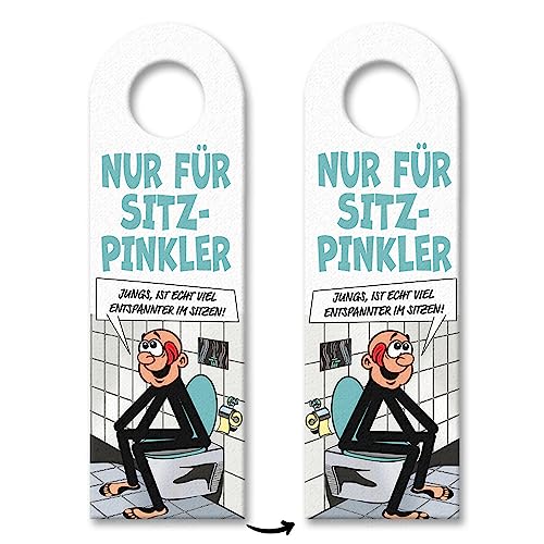 Bitte im Sitzen pinkeln Türhänger im Comic-Stil in weiß türkis das perfekte Geschenk um den Männern im Haus zu zeigen das sie sich beim Wasserlassen gefälligst zu setzen haben von speecheese