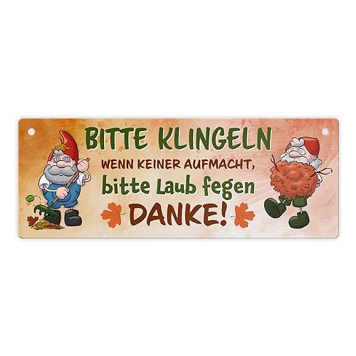 Bitte klingeln - wenn keiner aufmacht, Laub fegen Gartenzwerg Metallschild L in 10,5x28cm von speecheese