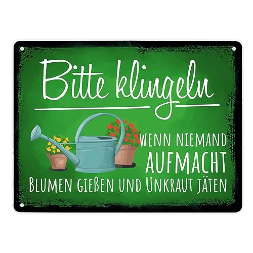 Bitte klingeln wenn niemand aufmacht Blumen gießen Unkraut jäten Metallschild XL in 21x28 cm lustiges Blechschild für die Tür wenn niemand aufmacht wegen Gartenarbeit bitte Blumen von speecheese