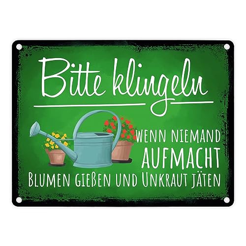 Bitte klingeln wenn niemand aufmacht Blumen gießen Unkraut jäten Metallschild in 15x20 cm lustiges Blechschild für die Tür wenn niemand aufmacht wegen Gartenarbeit bitte Blumen von speecheese