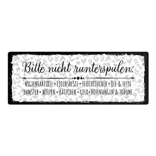 Bitte nicht runterspülen Toiletten Metallschild L in 10,5x28cm im Vintage-Look ein dekoratives Metallschild L in 10,5x28cm für Gästetoiletten in Restaurants, Bistros und das von speecheese