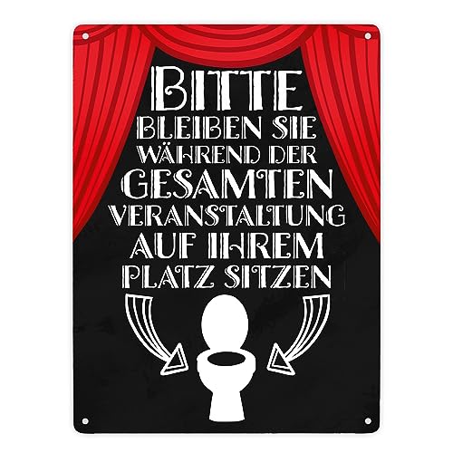 Bitte sitzen bleiben Toiletten Metallschild XXL in 28x38 cm mit rotem Vorhang witziges Blechschild für die Toilette bitte hinsetzen lustiger Spruch Bühne mit Showvorhang und von speecheese