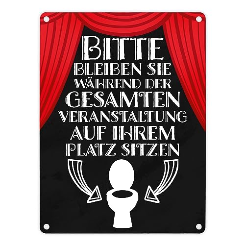 Bitte sitzen bleiben Toiletten Metallschild in 15x20 cm mit rotem Vorhang witziges Blechschild für die Toilette bitte hinsetzen lustiger Spruch Bühne mit Showvorhang und Toilette von speecheese