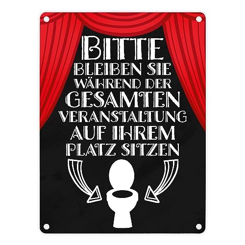 Bitte sitzen bleiben Toiletten Metallschild in 15x20 cm mit rotem Vorhang witziges Blechschild für die Toilette bitte hinsetzen lustiger Spruch Bühne mit Showvorhang und Toilette von speecheese