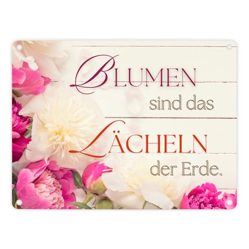 Blumen Metallschild in 15x20 cm mit Spruch Blumen sind das Lächeln der Erde Bunte Rosen Liebenswert Süß Putziges Geschenk Naturverbundenheit der Erde Muttertag von speecheese