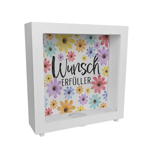 Blumen Rahmen Spardose aus Holz mit Spruch Wunscherfüller Bunt Floral Positiver Freudebringer Geburtstag Wunsch-Erfüller von speecheese