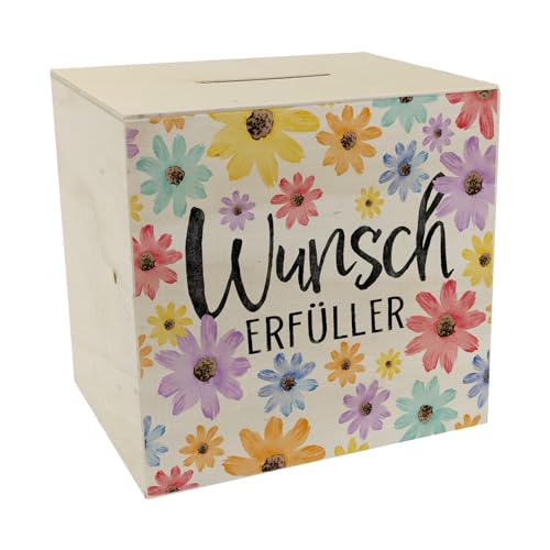 Blumen Spardose aus Holz mit Spruch Wunscherfüller Bunt Floral Positiver Freudebringer Geburtstag Wunsch-Erfüller von speecheese