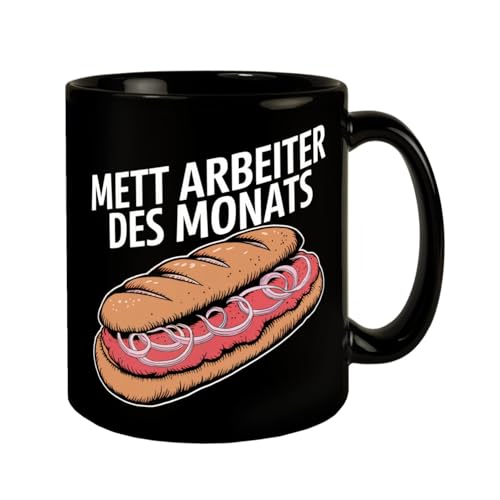 Brötchen mit Mettwurst - Mett Arbeiter des Monats Tasse Humorvolle rosafarbene Illustration auf schwarzem Kaffeebecher Perfekt für Mettwurst-Liebhaber von speecheese