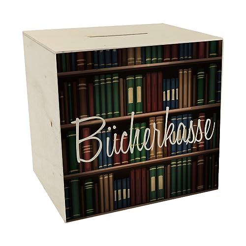 Bücherkasse Spardose aus Holz für Leseratten Sparbüchse mit Bücherregal Bibliothek Geschenk für Vielleser schönes Motiv hochwertig verarbeitet Sparen auf Bücher von speecheese