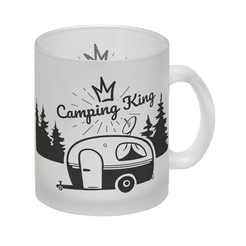 Camping King Glas Tasse mit wunderschönen Reisemotiven Als Geschenk für Reiselustige Fernweh Wohnwagen Wälder Berge Urlaub Glas Tasse Wenn man unter seinen Freunden echte Könige von speecheese