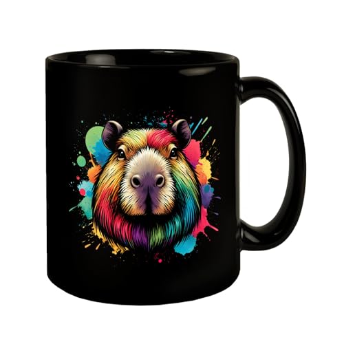 Capybara Aquarell Tasse in Schwarz Lebendige Farbspritzer Bunte Tropfen Mehrfarbiges Nagetier Design Capybara Aquarell Tasse von speecheese